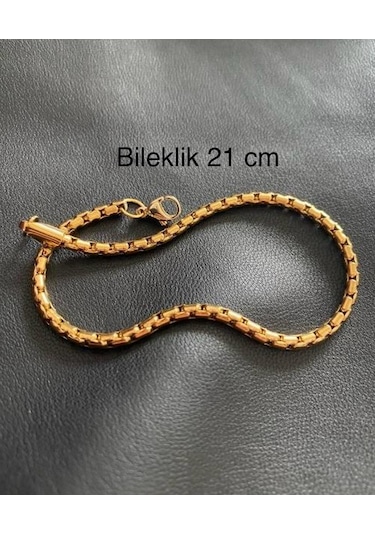 Gold Renk 1.sınıf Örme Çelik Erkek&kadın Kolye Ve Bileklik Seti Altın