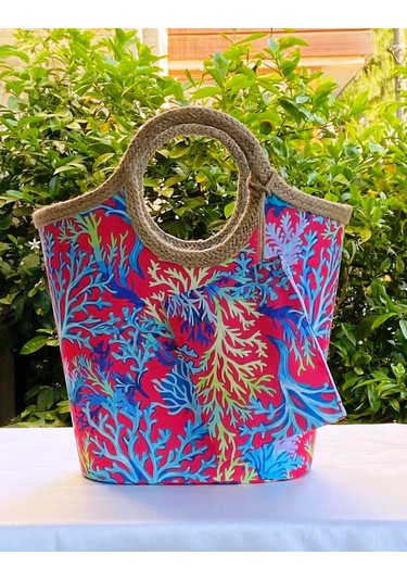 Jüt Hasır Rengarenk Mercan Plaj Çantası Çok Renkli