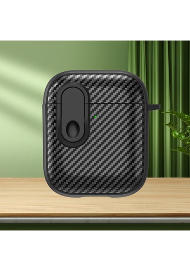 Airpods Uyumlu İçin 2/1 Karbon Fiber Doku Kablosuz Kulaklık Kılıfı Güvenlik Kilidi İle Siyah