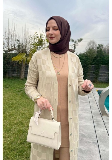 Rabia Şamlı Dama Desenli Taş Triko Hırka Çok Renkli