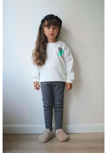 Kız Çocuk Bisiklet Yaka Pamuk Taytlı Eşofman Takımı Ekru