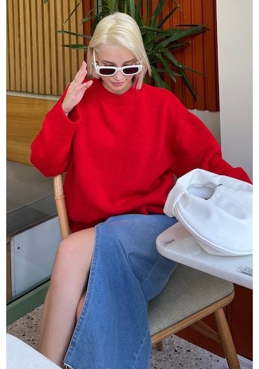 Madmext Madmext Bisiklet Yaka Oversize Triko Kazak MG1972 Kırmızı