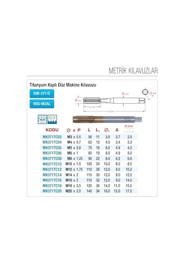 Maier M16x2 Düz Makina Kılavuzu Hss-m2al Titanyum Kaplı Standart Dın-371/c Mk371tc16