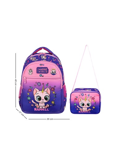 Waddell İlkokul Sırt Çantası ve Beslenme Çantası Kedi Mor-Pembe