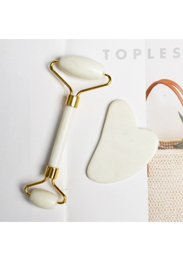 Dm Doğal Yeşim Çift Kafa Masaj Silindiri + Guaşa Tahta Yüz Zayıflama & Yaşlanma Karşıtı Bakım Seti - Stil B Altın Altın