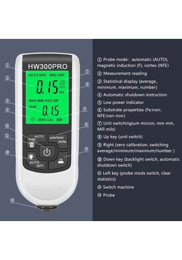 Honeybeeshop Siyah Araba Boya Kalınlık Ölçer 0 2000um Fe Nfe Manuel Kaplama Metre Otomotiv Aletleri Hw300pro
