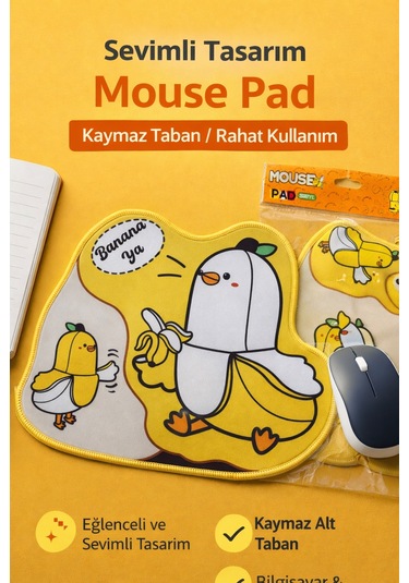 Sevimli Muz Desenli Mouse Pad Kaymaz Tabanlı Ergonomik Mouse Altlığı