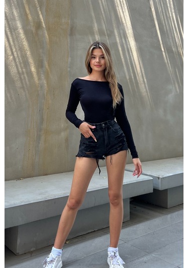 Siyah Derin Sırt Dekolteli Uzun Kollu Bluz Siyah