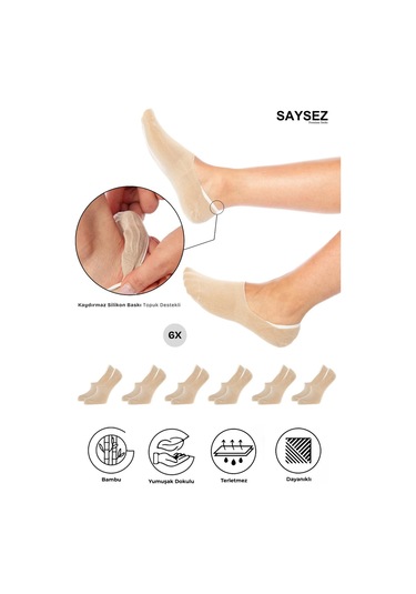 Bambu Kadın Babet Bej Çorap Dikişsiz Görünmez Kaydırmaz Topuk Silikonlu Premium 6'lı Paket Renkli