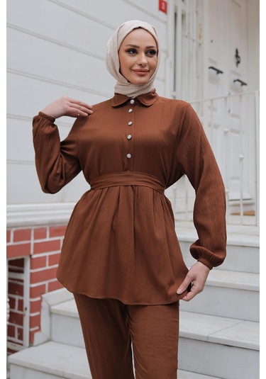 Taş Düğme Detaylı Takım Kahverengi Kahverengi