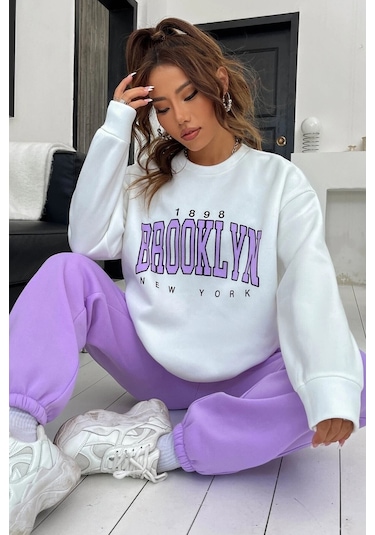 Modagen Kadın Mor Beyaz Brooklyn Baskı Oversize Bisiklet Yaka Alt Üst Eşofman Takımı Morbyaz