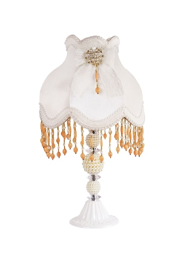 Çiçek Dekorlu Abajur Beyaz Klasik Model Beyaz