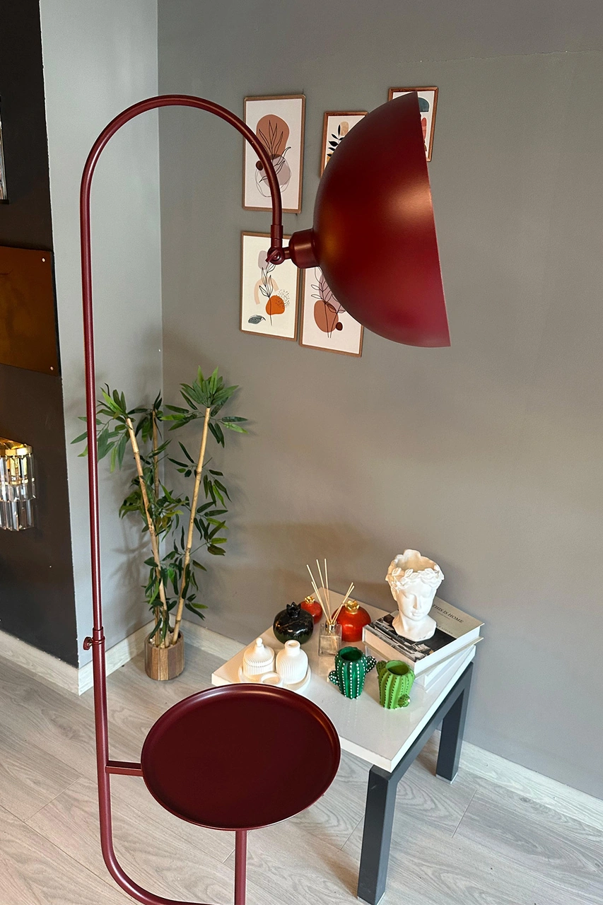 Vişne Çürüğü Lambader Hareketli Başlık Sehpalı Modern Dekoratif Metal Oturma Odası Çalışma Odası Bordo