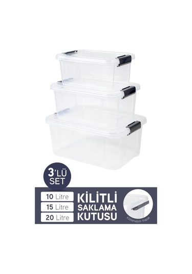 İronika 3'lü Saklama Kabı Yatay Dikdörtgen Kilitli Kapaklı Çok Amaçlı Oyuncak Saklama Kutusu 10-15-20 Litre Şeffaf