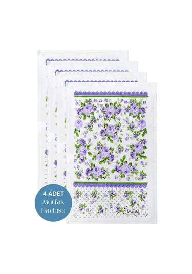 4lü Paket Baskılı Beyaz Mutfak Havlusu Modeli Lila Güller