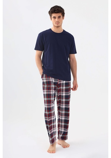 Erkek Kısa Kollu Ekose Desenli Pamuklu Pijama Takımı Ko6303pj-1 Lacivert