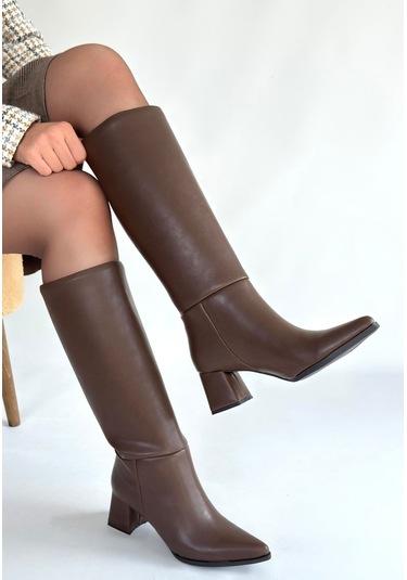 Roksa Acı Kahvei Cilt Topuklu Çizme Acı