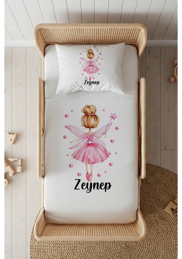 %100 Pamuk Saten İsme Özel İsimli 100x200 Tek Kişilik Lastikli Çarşaf Seti Pembe Peri Beyaz