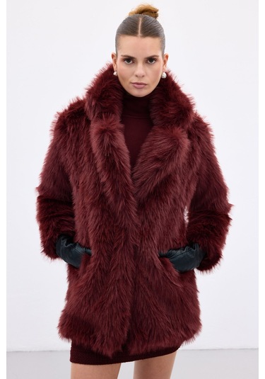 Sateen Çıt Çıt Detaylı Kürk - Bordo-136677 Bordo
