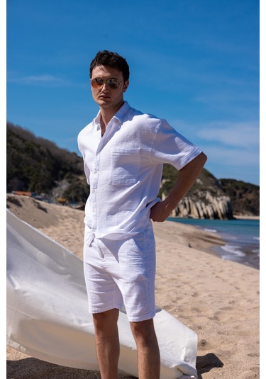 Keten Kumaş Beyaz Renk Cep Detaylı Gömlek Şort Erkek Takım-1733 Beyaz