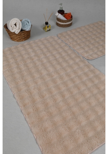 Modern Bubble Yıkanabilir Kaymaz Peluş Banyo Paspası Halısı 2'li Klozet Takımı 50x80-50x40cm Açık Bej