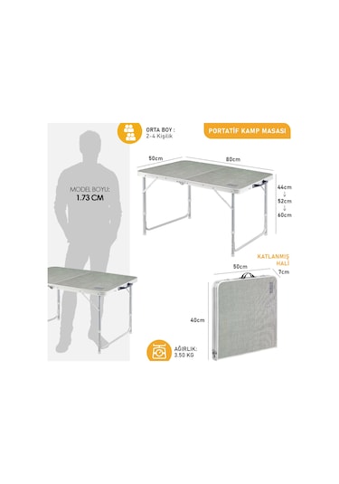 Haegs Portatif Kamp Masası, 3 Yükseklik Ayarlı, Katlanır Piknik Masası, Kolay Taşınabilir Alüminyum Masa - 80x50 - Antrasit