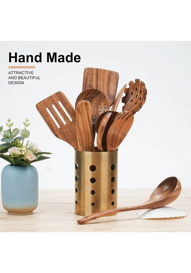 Vkemall Doğal Teak Ahşap Mutfak Gereçleri Seti - 10 Parça, El Yapımı, Toksiksiz, Anti Yapışkan, Mutfak Gerekli Malzeme Kahverengi