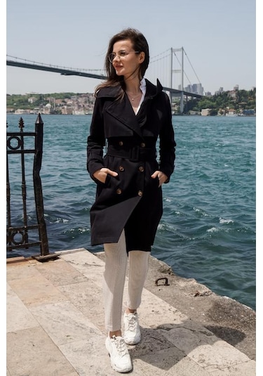 Pastelastore %100 Pamuk Gabardin Midi 95cm Astarlı Kemerli Kadın Trençkot 1113 Siyah