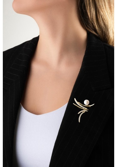 Liora İnci 18 Ayar Sarı Altın Kaplama Gümüş Broş Sarı