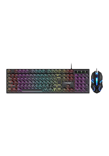 Valkyrie T-Wolf TF270 Rainbow İngilizce RGB Mekanik Hisli Gaming Klavye Mouse Seti