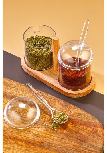 Kaşıklı Şeffaf Kapaklı Ahşap Standlı 2'li Kavanoz Baharat Seti ŞEffaf
