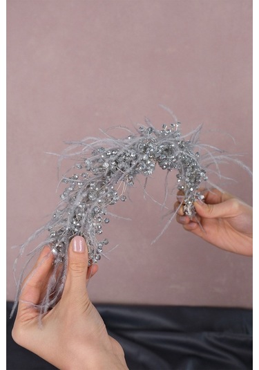 FdayAksesuar Gelinlere Özel Capella Tüylü Kristalli Gelin Saç Ve Türban Aksesuarı FRDY31677