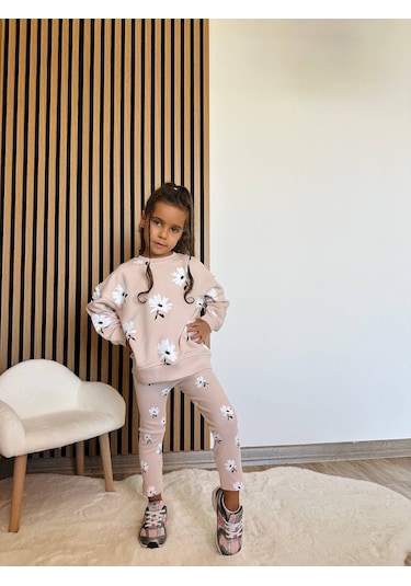 Kız Çocuk Çiçek - Leopar Detaylı 3 İplik Alt Üst Takım Sweatshirt + Tayt Pudra Papatya