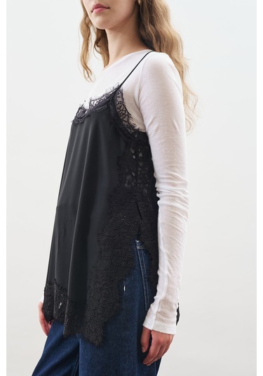 Dantel Şeritli Askılı Bluz Siyah Siyah