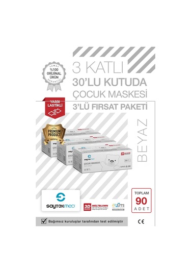 Saytekmed Meltblown Filtreli, 3 Katlı Beyaz Çocuk Maskesi (3 Kutu/90 Adet)