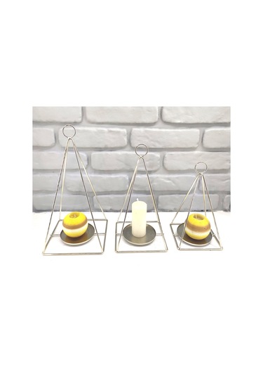Gold / Gümüş Kaplama Dekoratif Modern Piramit Dizayn 3lü Mumluk Gold