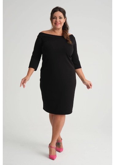Kadın Siyah Carmen Yaka Truvakar Kol Büyük Beden Esnek Krep Elbise-siyah Siyah