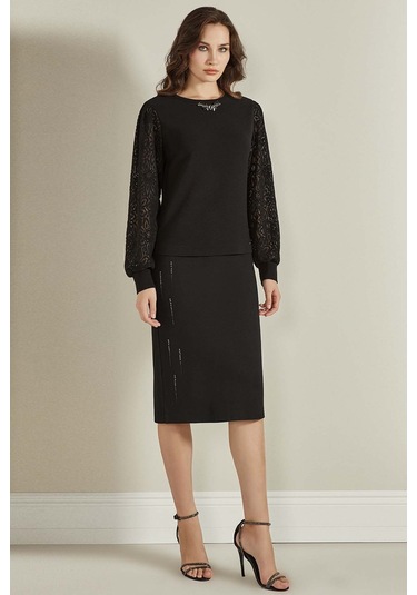 Taş Detaylı Siyah Örme Etek Siyah