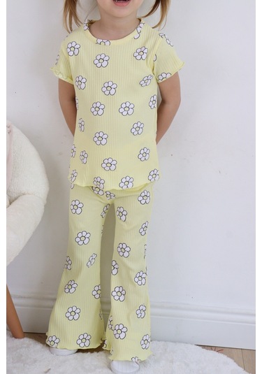 Kız Çocuk Çiçek Baskılı Raporlu Kumaş Basic Alt Üst İkili Takım 001