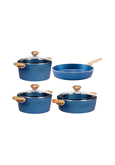 Febern Premium Bio Granit Alüminyum Döküm Nisch Tencere Seti Klasik Mavi-açık Ahşap Kulp