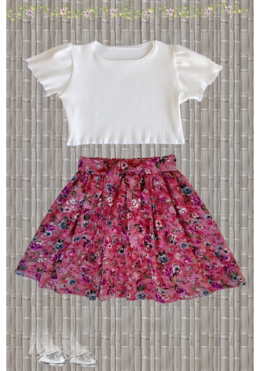 Çocuk Etekli Crop Takım, Çiçekli Koyu Gülkurusu Etek - Ekru Crop Ekru-gulkurusu2 Ekru - Gülkurusu