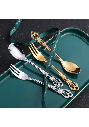 Sones 2 Adet / Paket Retro Ajurlu Oymalı Tatlı Kaşığı Çatal Seti Oymalı Çatal Bıçak Takımı Hediye Kutusu, Stil: Pembe Kutu