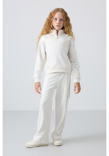 Tommy Life Ekru Pamuklu İçi Tüylü Yumuşak Dokulu Standart Fit Nakışlı Kız Çocuk Eşofman Takım - 75159 Ekru