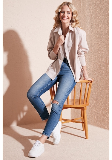 Lela Oversize % 100 Pamuk Poplin Bayan Gömlek Cf21S163867 Taş