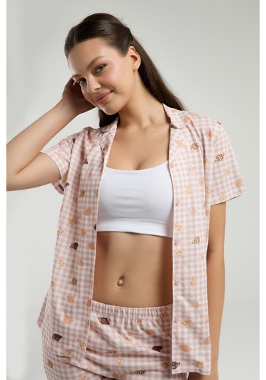 Roly Poly Kadın Gömlek Yaka Önden Düğmeli Kısa Kol Pijama Takım Beyaz