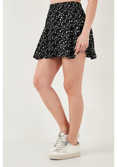 Lela Desenli Beli Lastikli Mini Bayan Şort Etek 5865118 Siyah