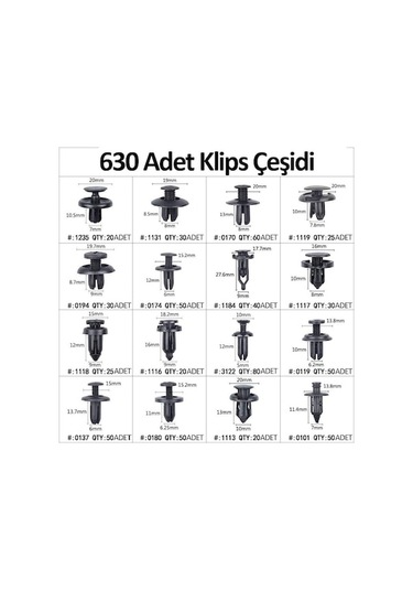Klips Araba Kapı Tampon Plastik Panel İtme Pim Tutucu 630 Parça
