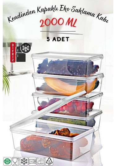 Nandy Home 5 Adet Kendinden Kapaklı Derin Dondurucuya Uygun Saklama Kabı 2 Lt Şeffaf