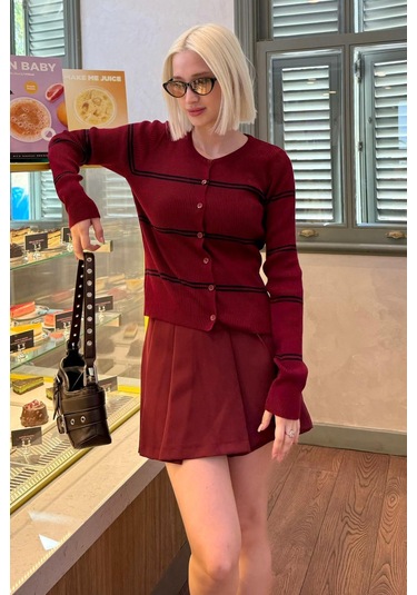 Madmext Bordo Çizgili Kadın Triko Hırka Mg2481 Bordo