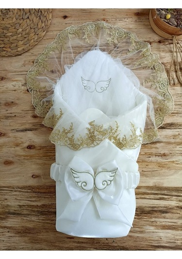 Bebek Battaniyesi Dantelli Bebek Kundağı Mevlütlük Kız Erkek Bebek Hastane Çıkışı Yenidoğan Ekru